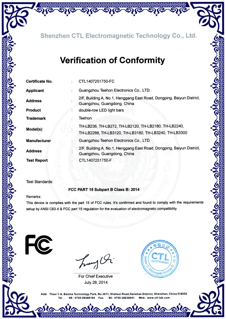 LED Work Light And LED Light Bar FCC certificate