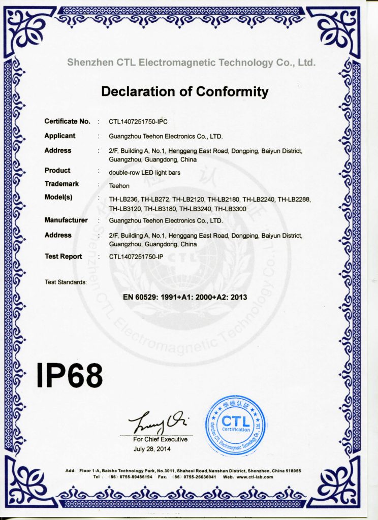 LED Work Light And LED Light Bar IP68 certificate