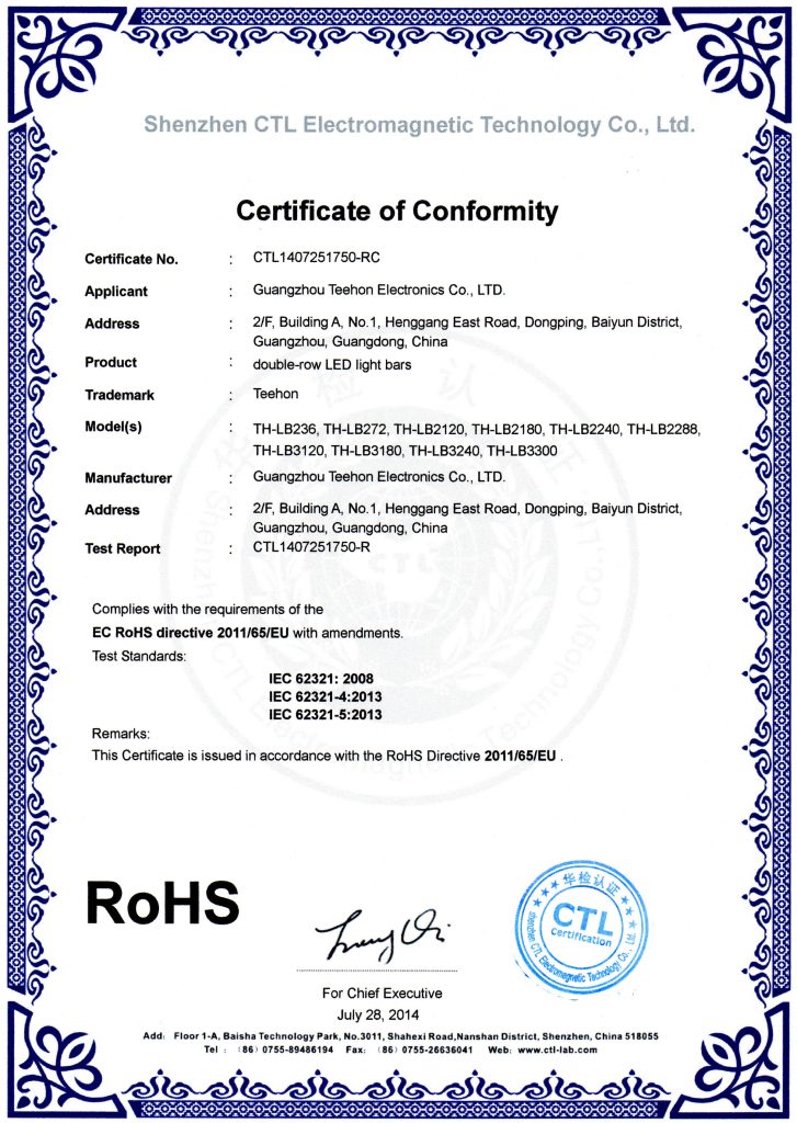 LED Work Light And LED Light Bar RoHS certificate